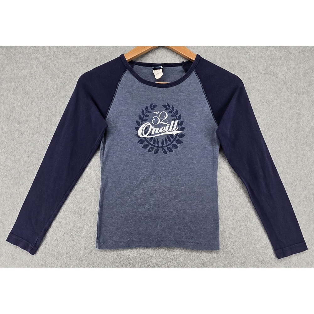 Vtg‎ 90s O'Neill Raglan Tee Juniors Small Y2K Blue Navy 2 Sided Surf Logo Beach